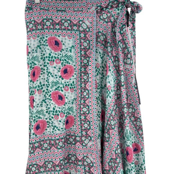 Fox in Gown Wrap Skirt Midi Floral Print‎ Teal Green Pink Size Medium Large - Picture 3 of 12